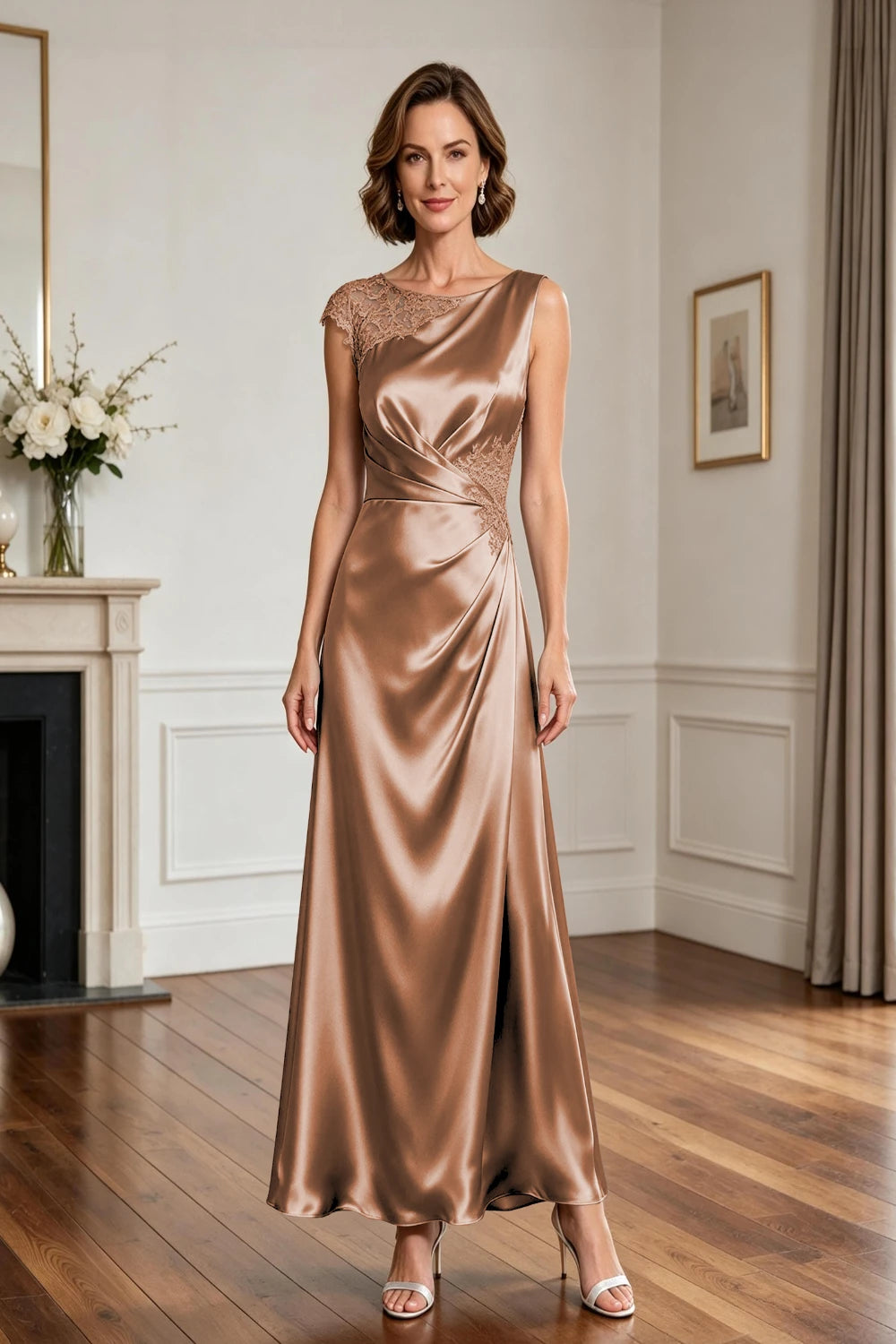 Asymmetric Lace-Shoulder Ruched Satin A-Line Gown