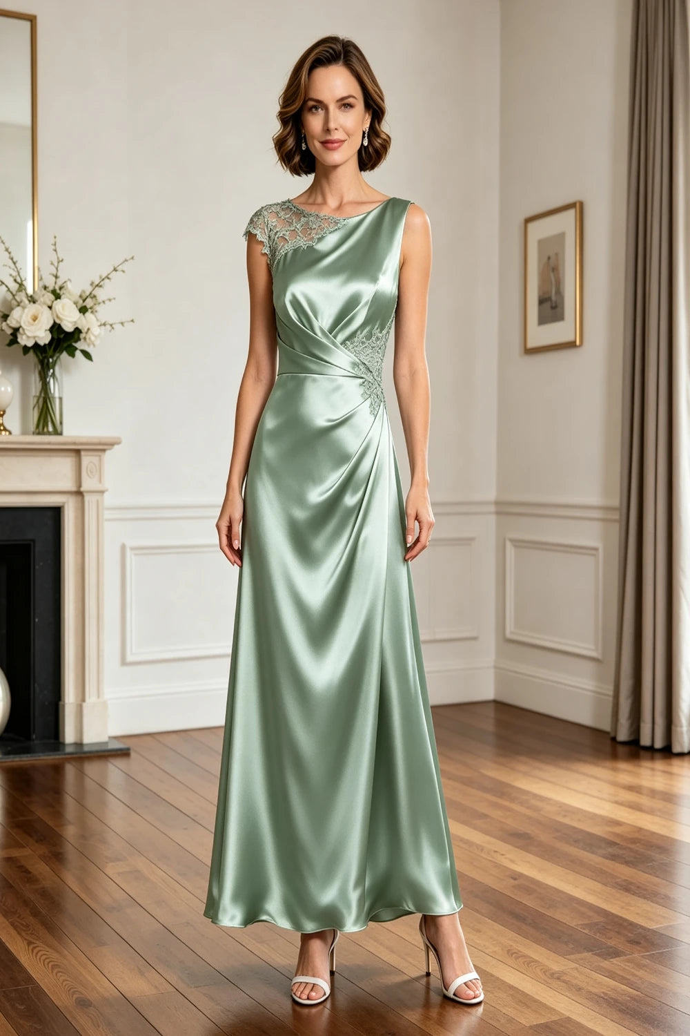 Asymmetric Lace-Shoulder Ruched Satin A-Line Gown