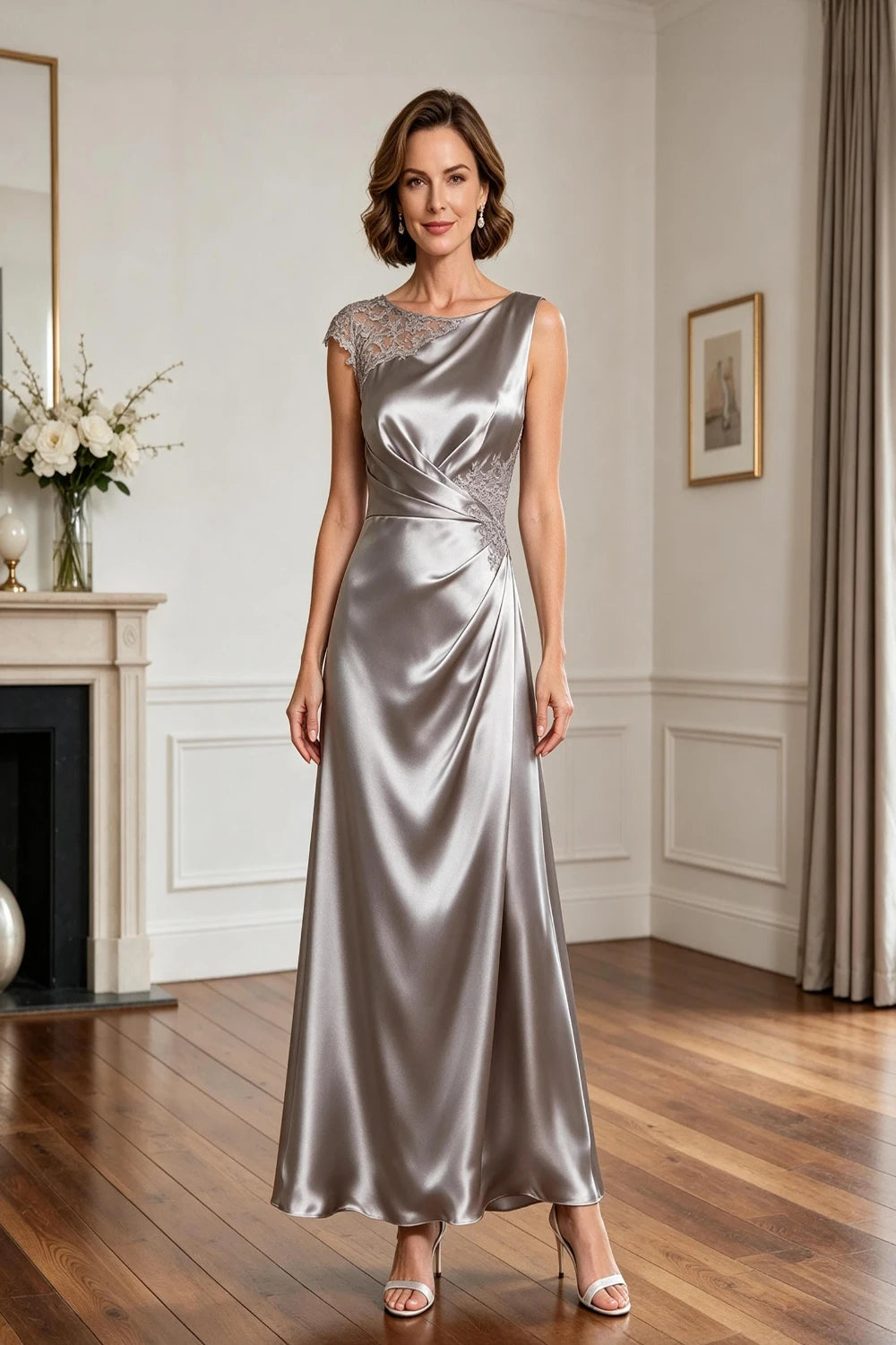 Asymmetric Lace-Shoulder Ruched Satin A-Line Gown