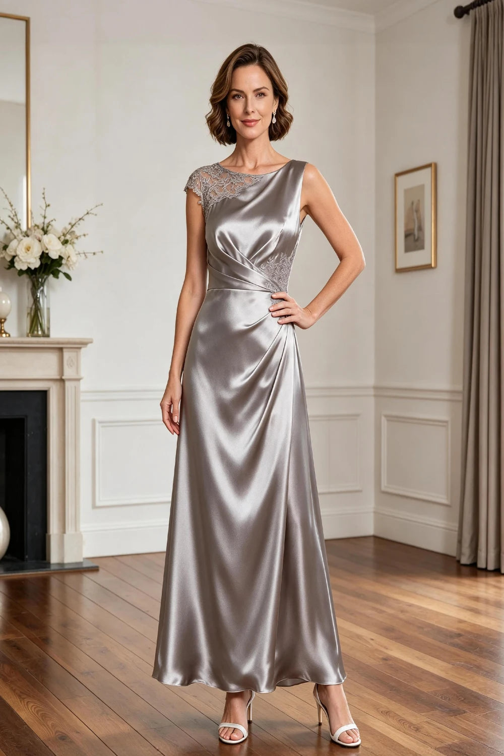 Asymmetric Lace-Shoulder Ruched Satin A-Line Gown