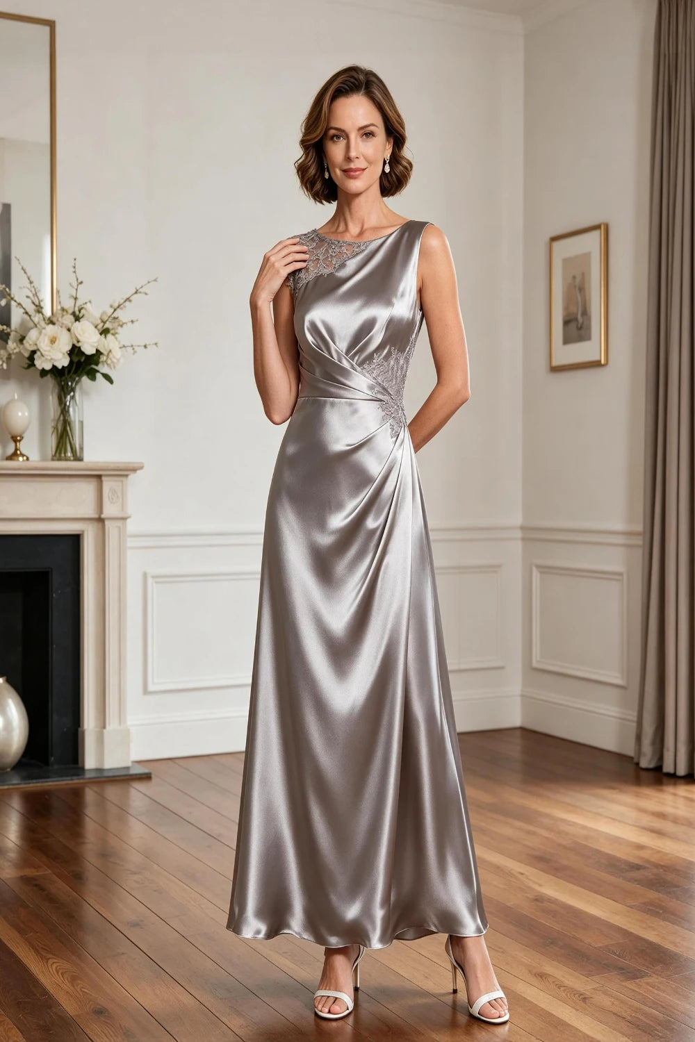 Asymmetric Lace-Shoulder Ruched Satin A-Line Gown