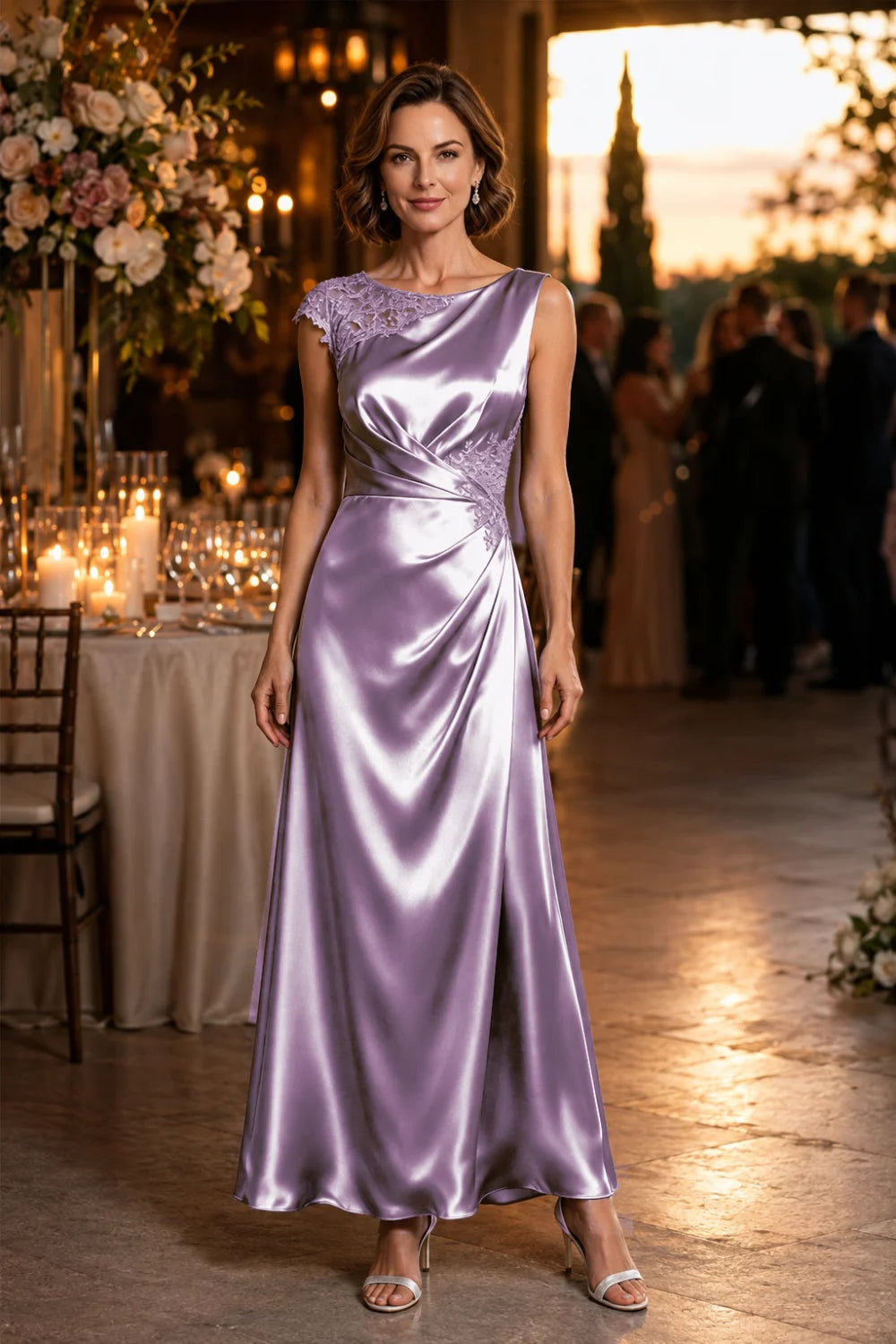 Asymmetric Lace-Shoulder Ruched Satin Mother of the Bride Gown