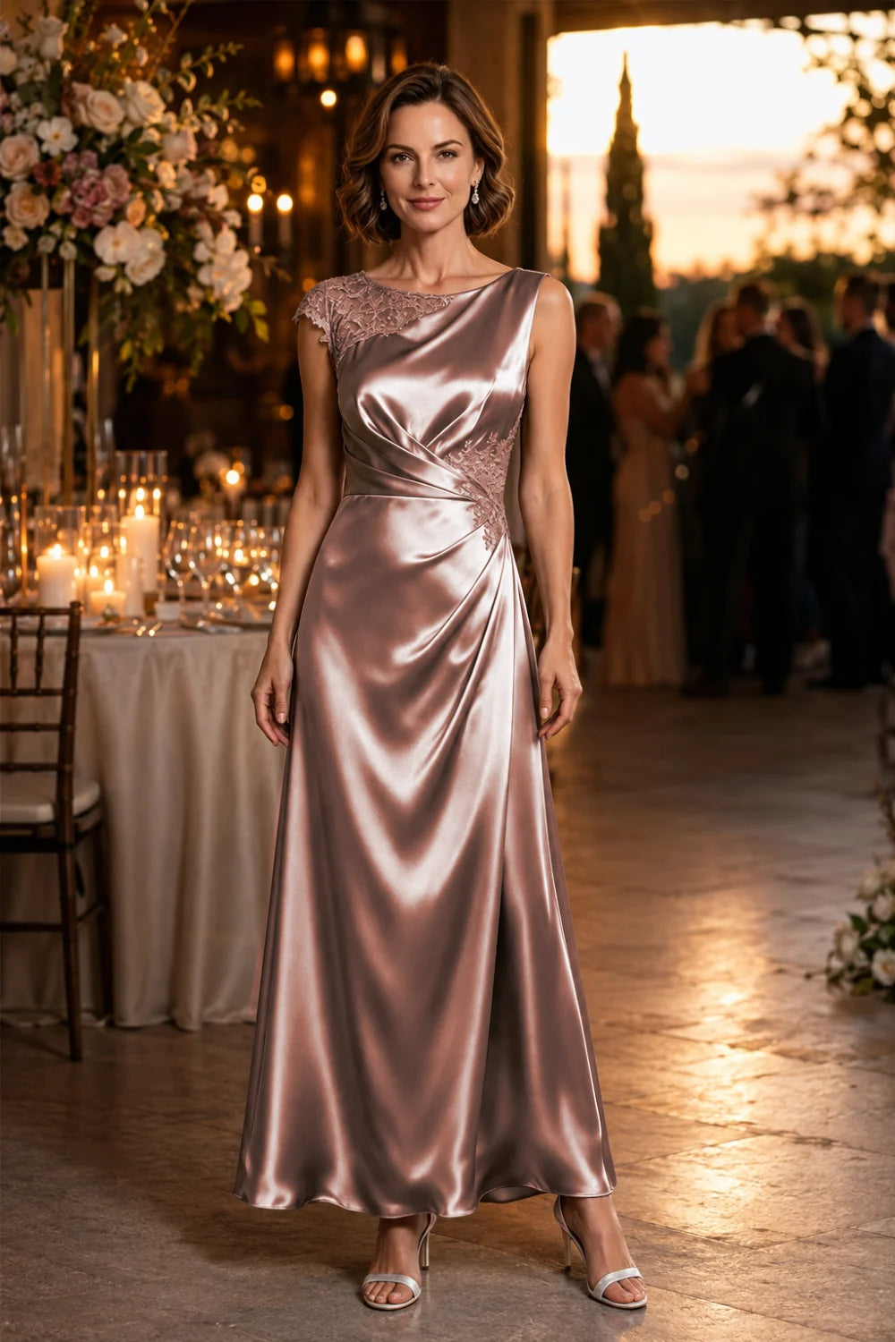 Asymmetric Lace-Shoulder Ruched Satin Mother of the Bride Gown