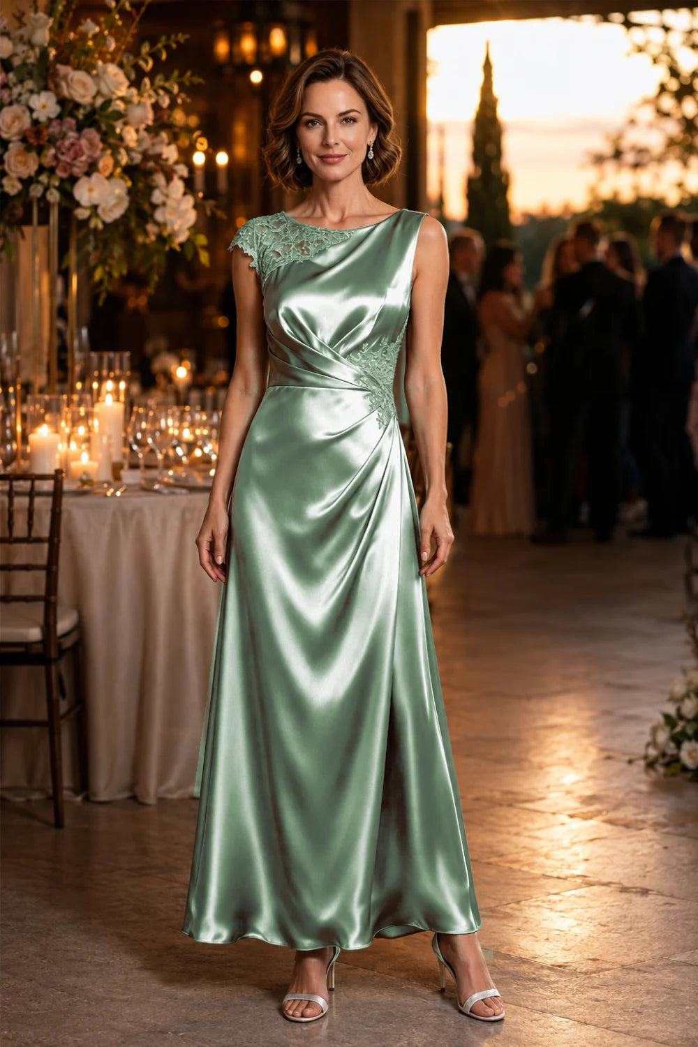 Asymmetric Lace-Shoulder Ruched Satin Mother of the Bride Gown