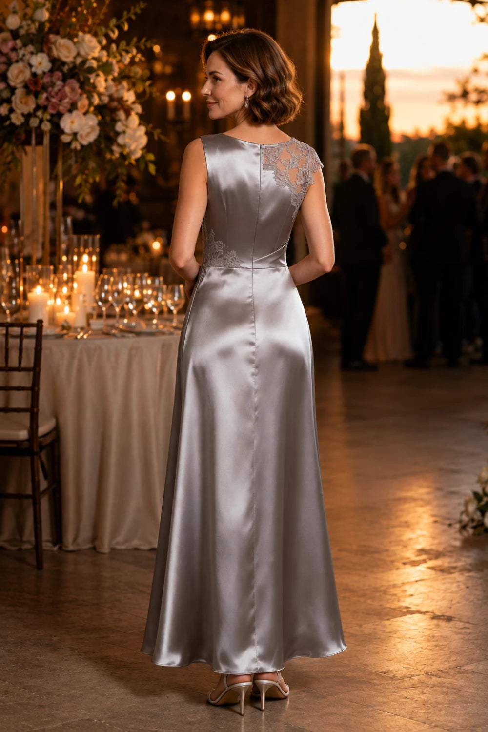Asymmetric Lace-Shoulder Ruched Satin Mother of the Bride Gown