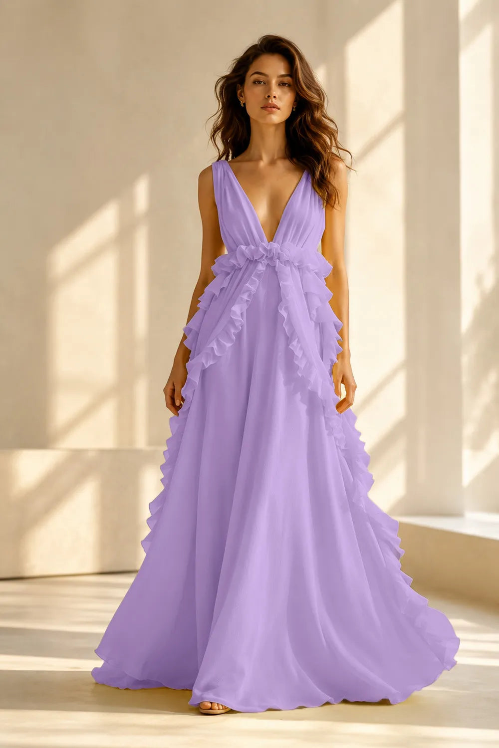 Deep V Ruffle Chiffon Evening Gown