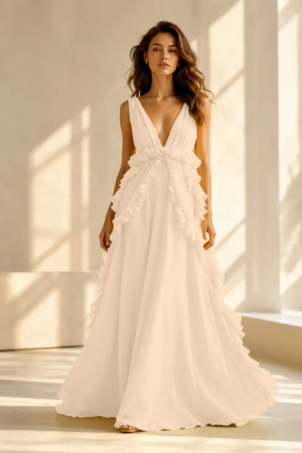 Deep V Ruffle Chiffon Evening Gown