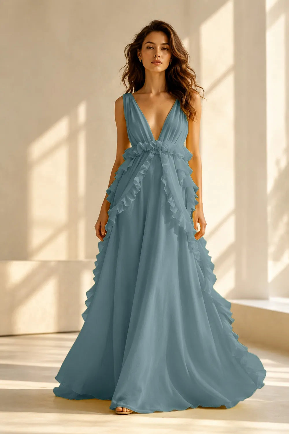 Deep V Ruffle Chiffon Evening Gown