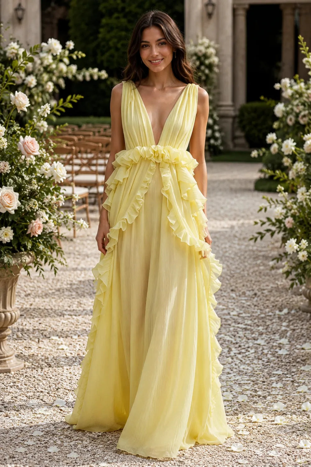 Deep V Ruffle Chiffon Evening Gown