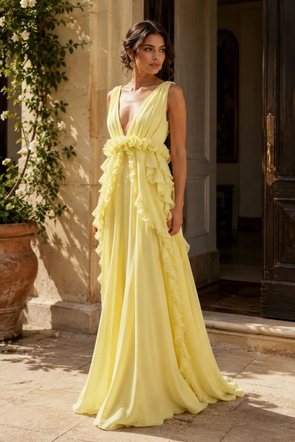 Deep V Ruffle Chiffon Evening Gown