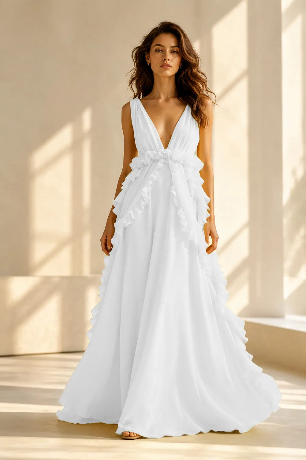 Deep V Ruffle Chiffon Evening Gown