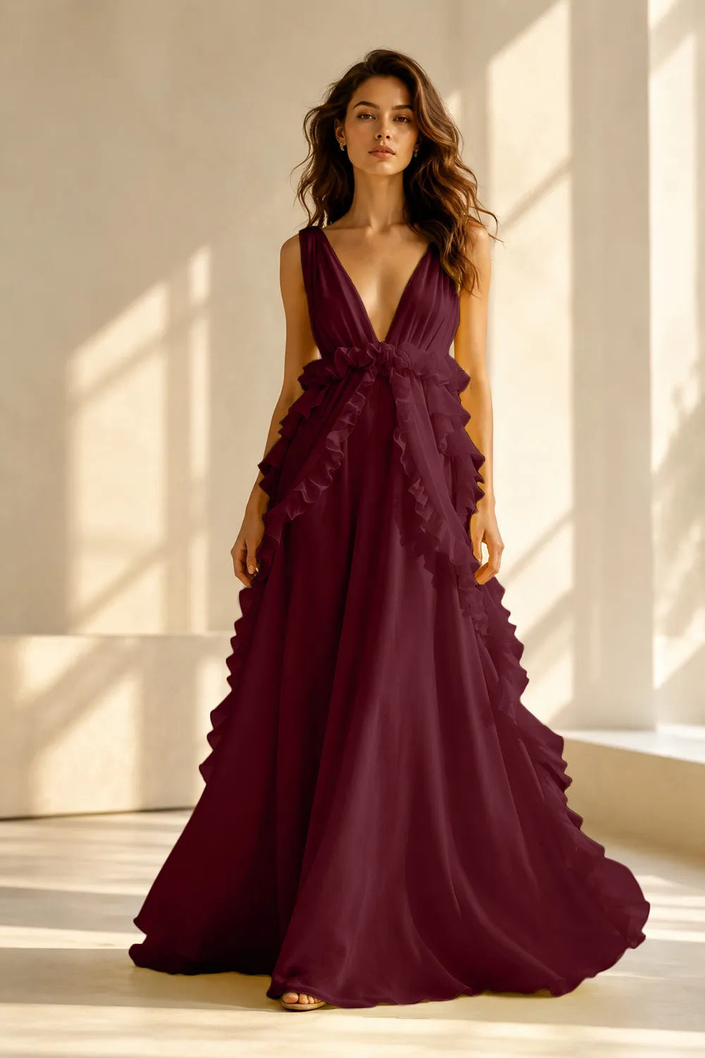 Deep V Ruffle Chiffon Evening Gown