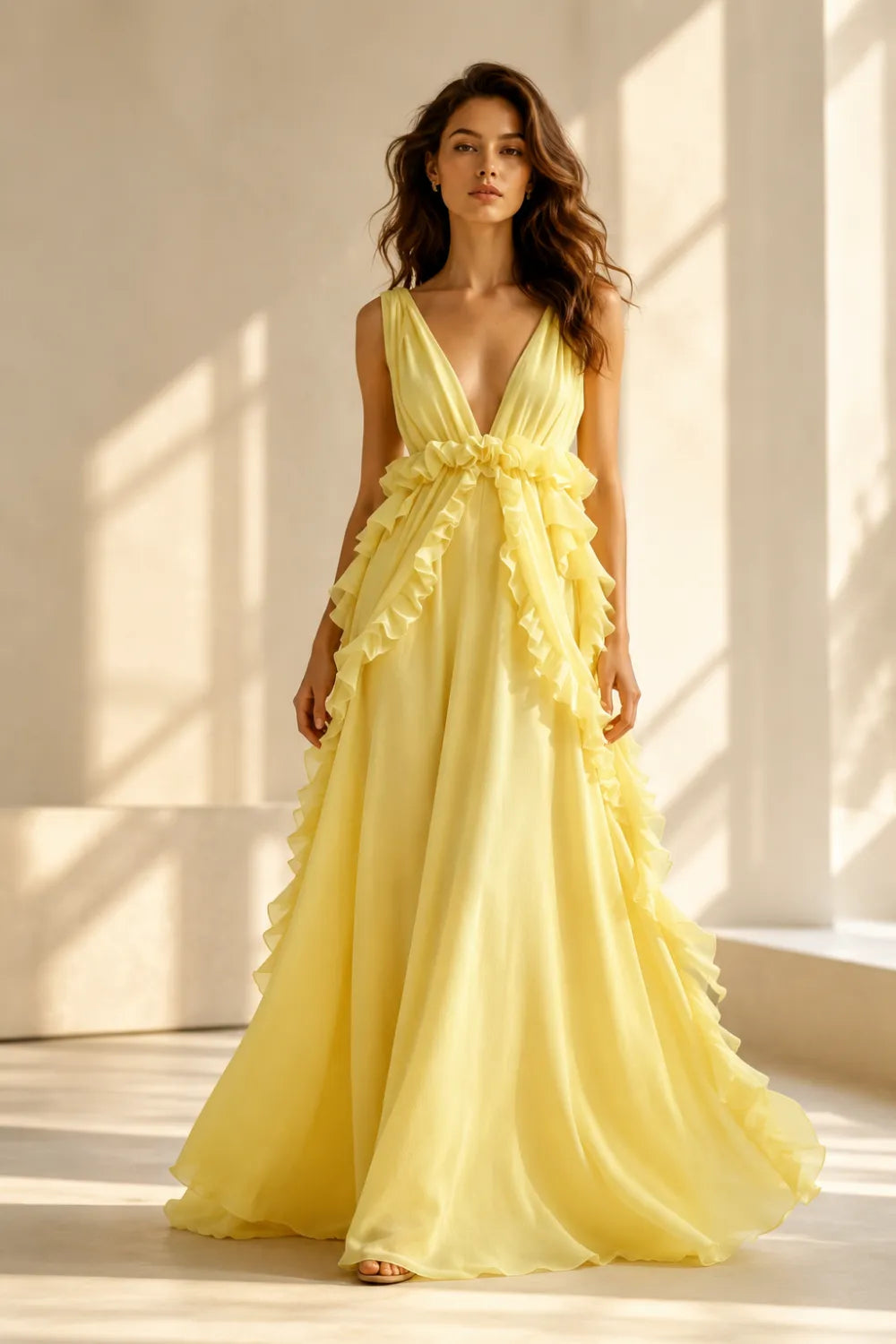 Deep V Ruffle Chiffon Evening Gown
