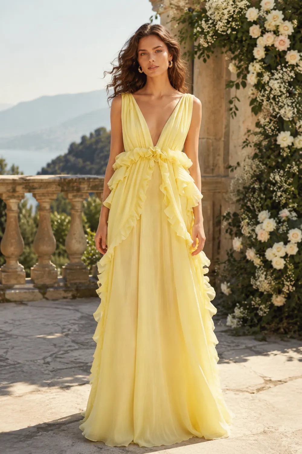 Deep V Ruffle Chiffon Evening Gown