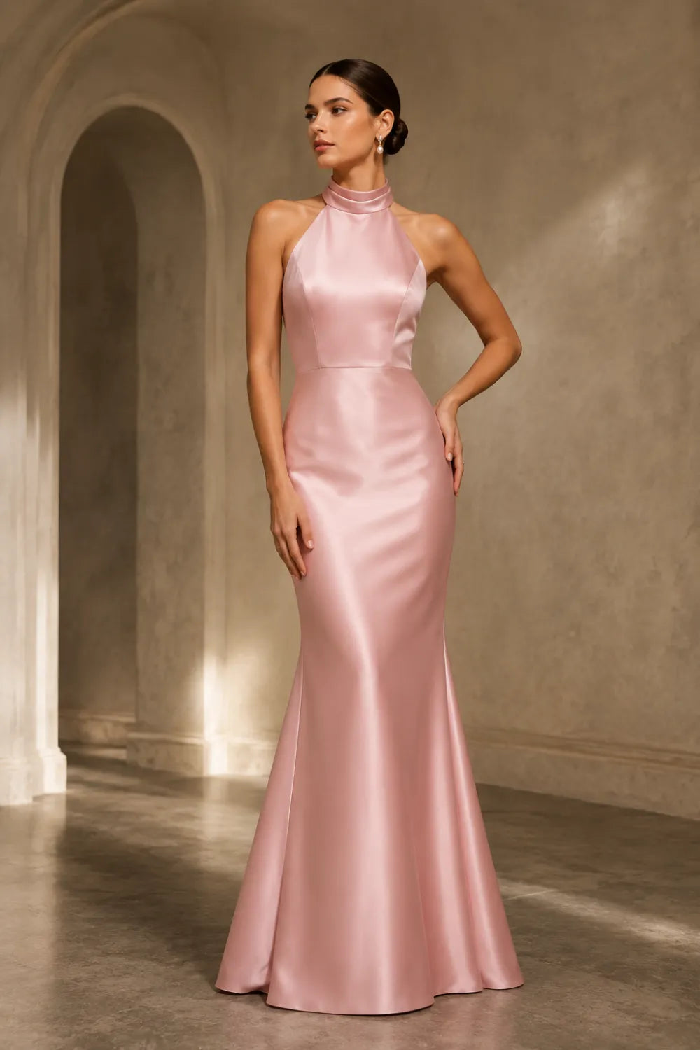 High Neck Satin Evening Gown
