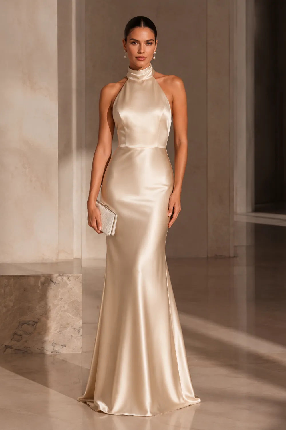 High Neck Satin Evening Gown