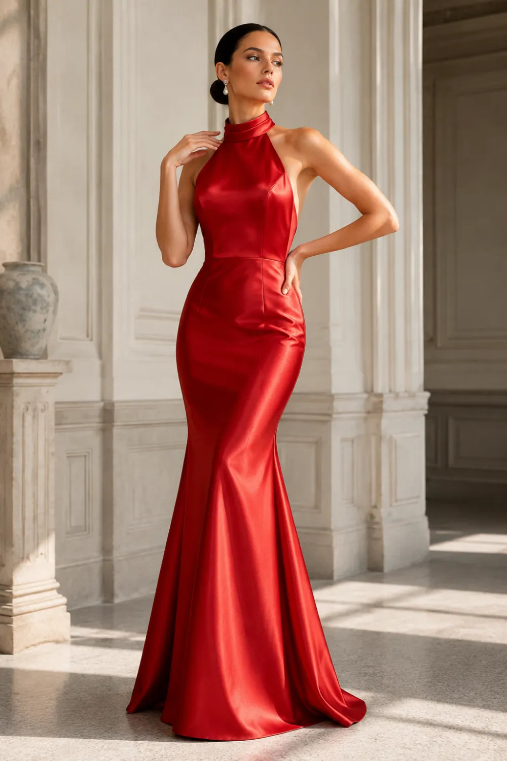 High Neck Satin Evening Gown