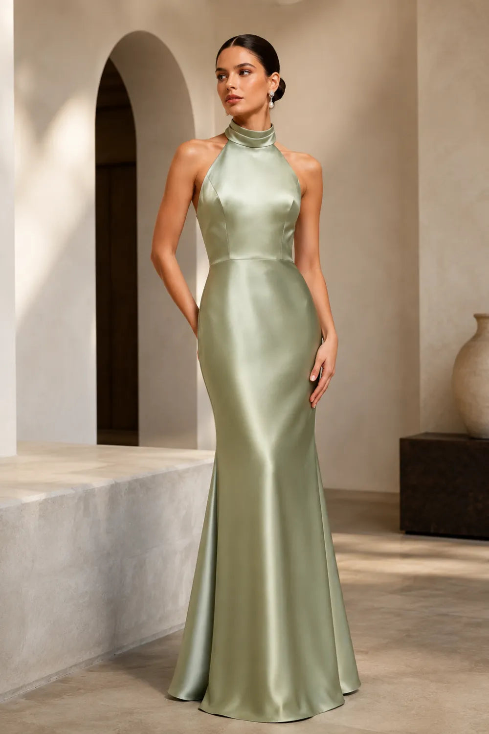 High Neck Satin Evening Gown