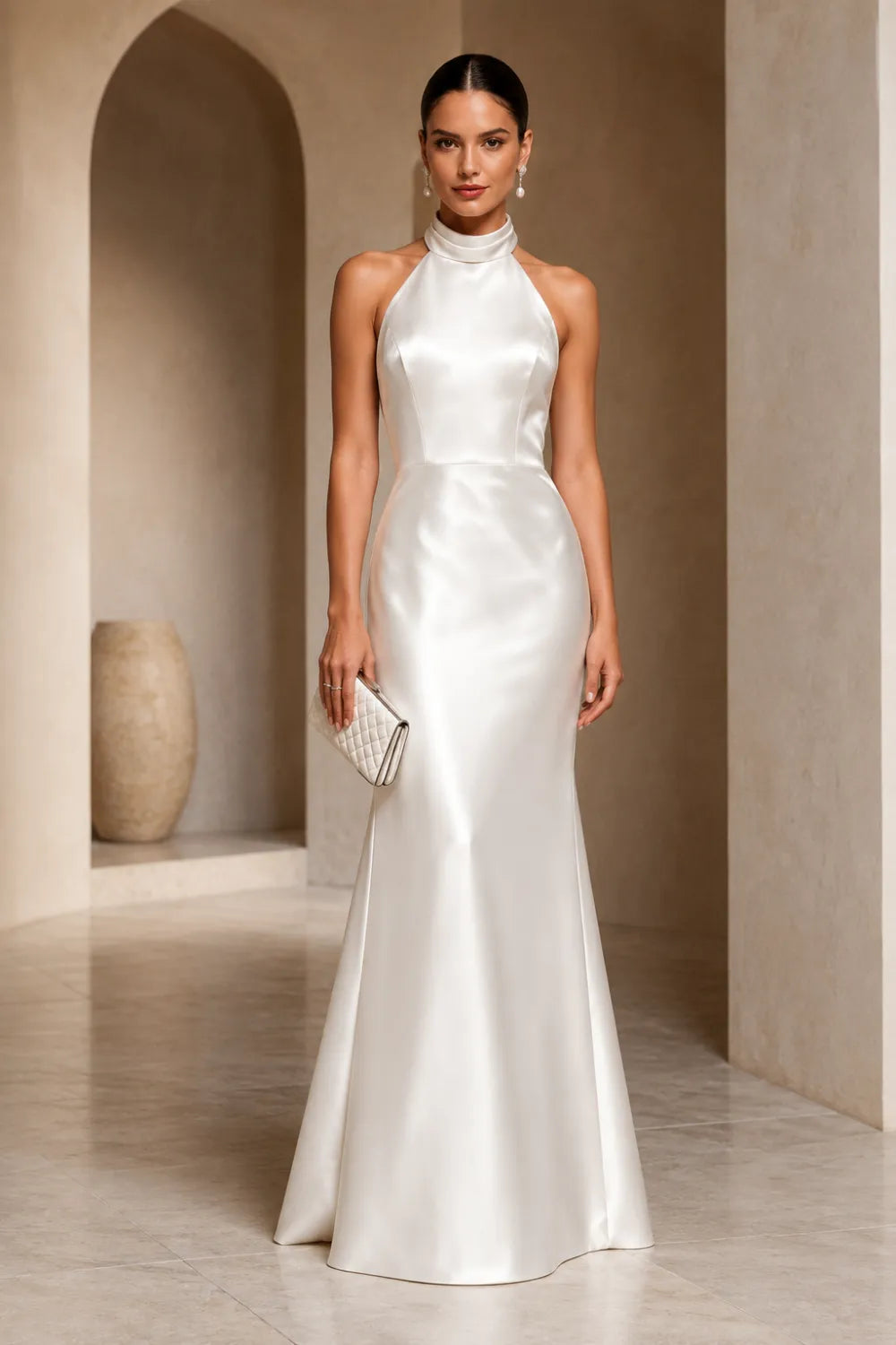 High Neck Satin Evening Gown