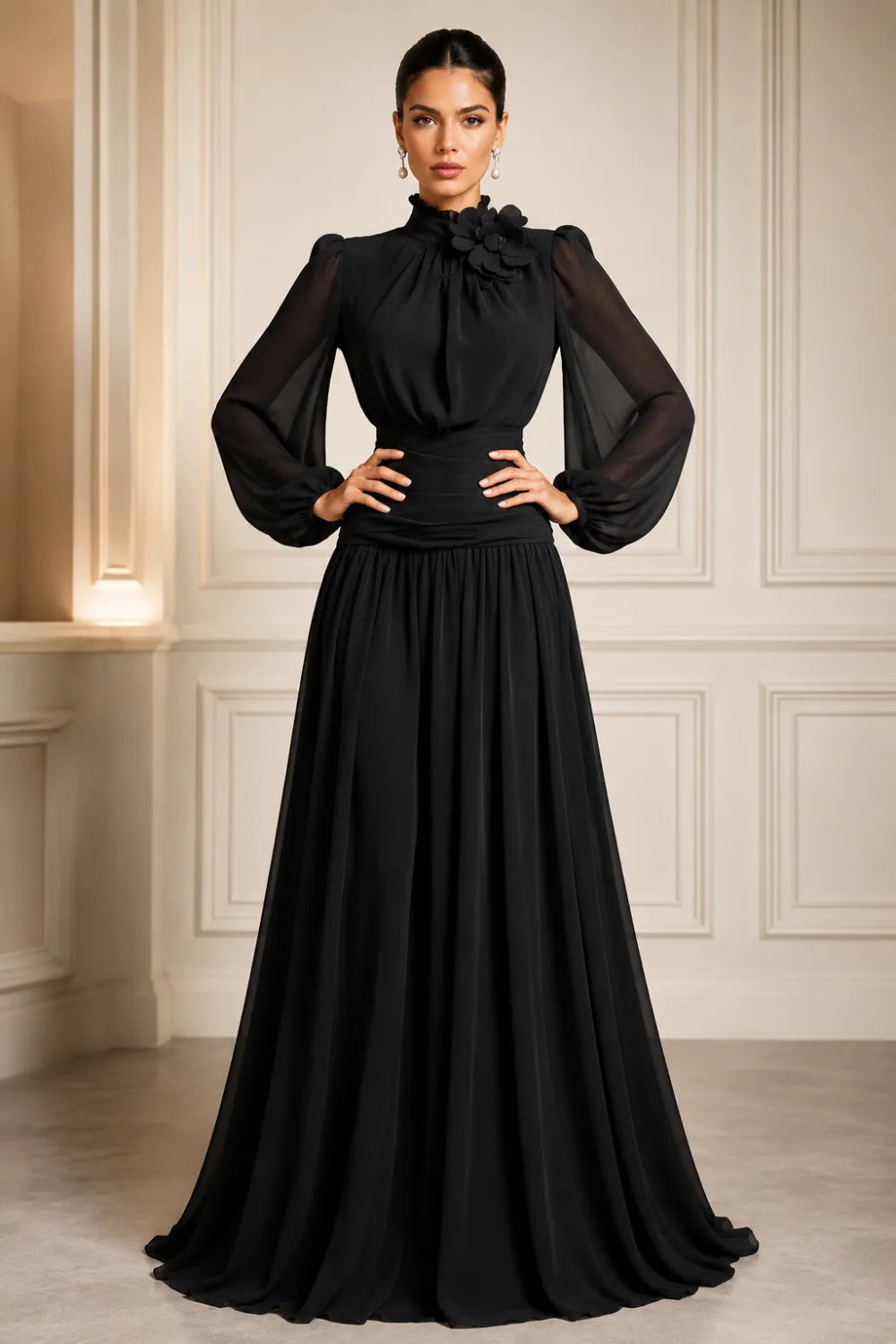 Regal Long Sleeve Chiffon Evening Dress