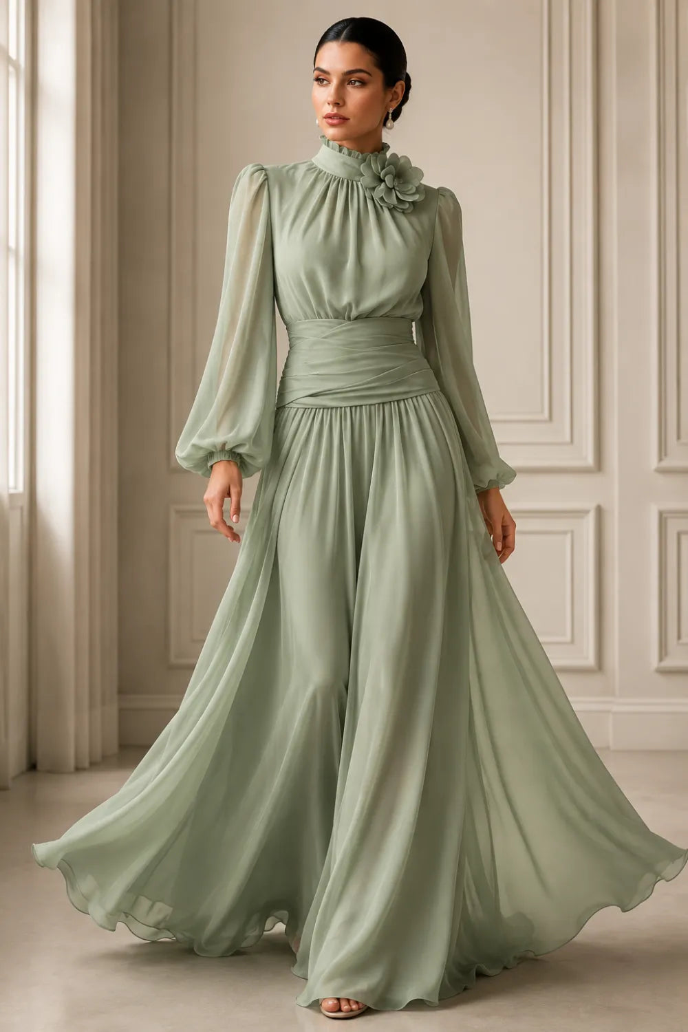 Regal Long Sleeve Chiffon Evening Dress