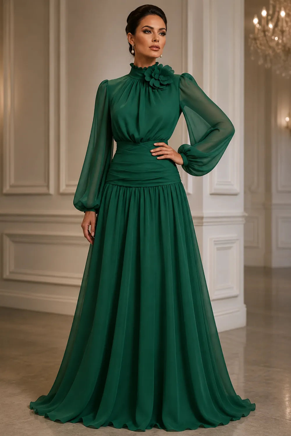 Regal Long Sleeve Chiffon Evening Dress