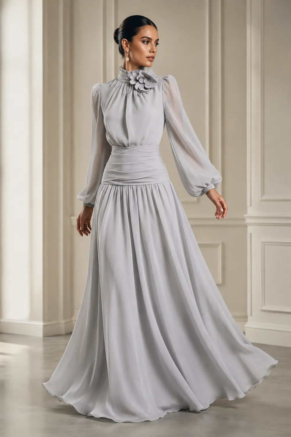 Regal Long Sleeve Chiffon Evening Dress