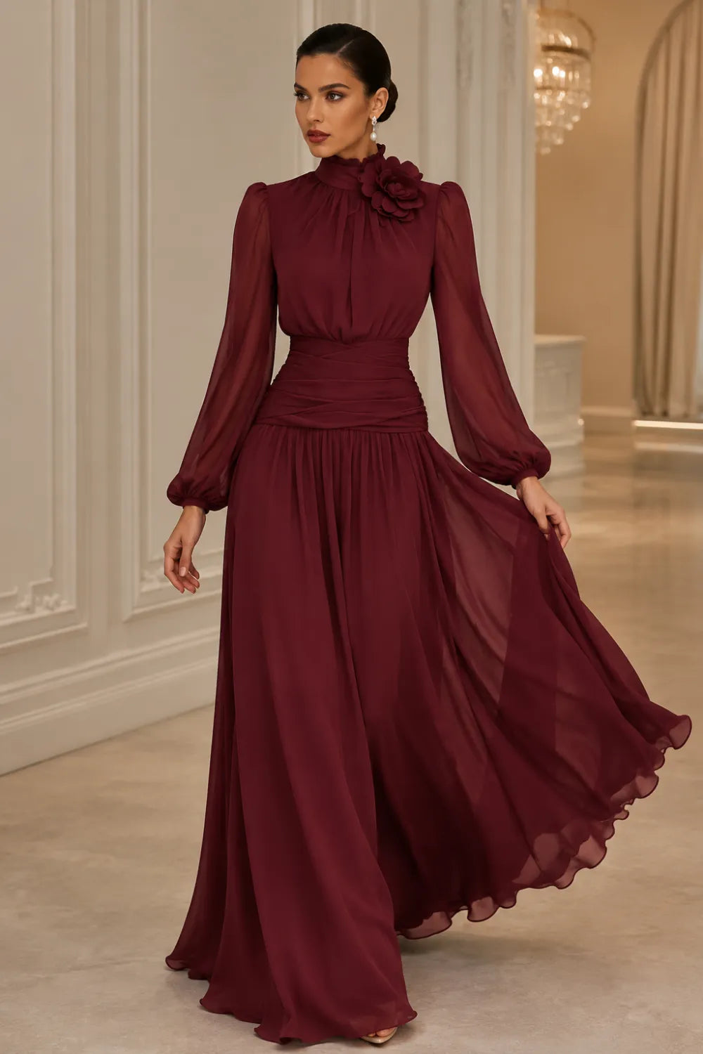 Regal Long Sleeve Chiffon Evening Dress
