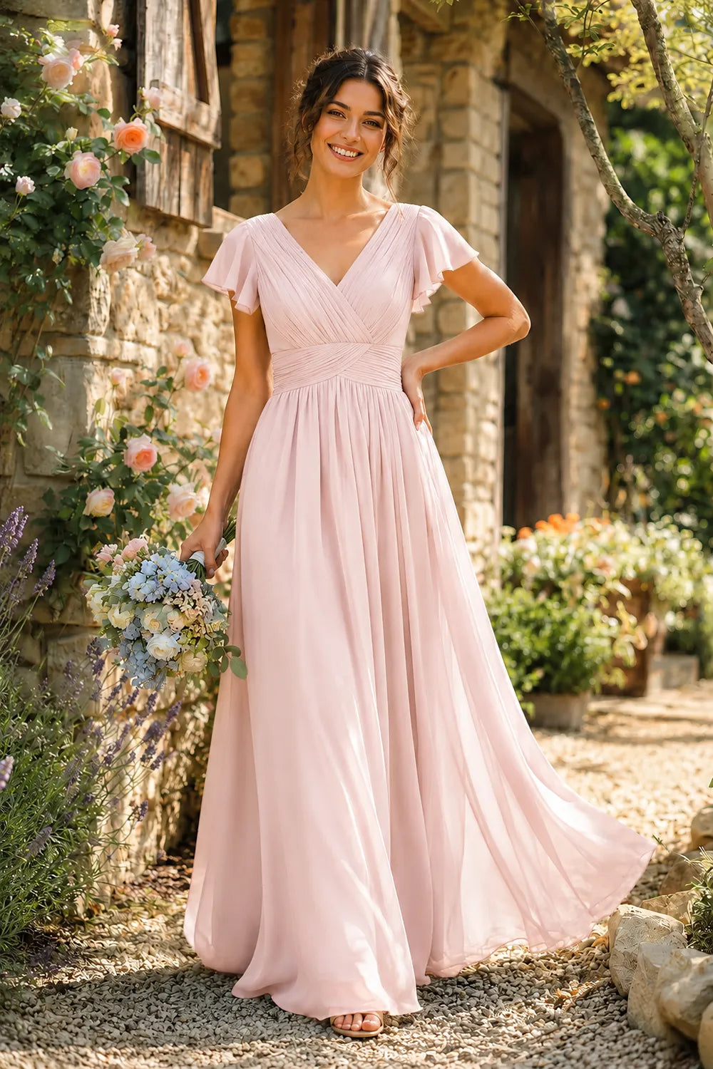 Liora Flutter Sleeve Maxi Formal Gown