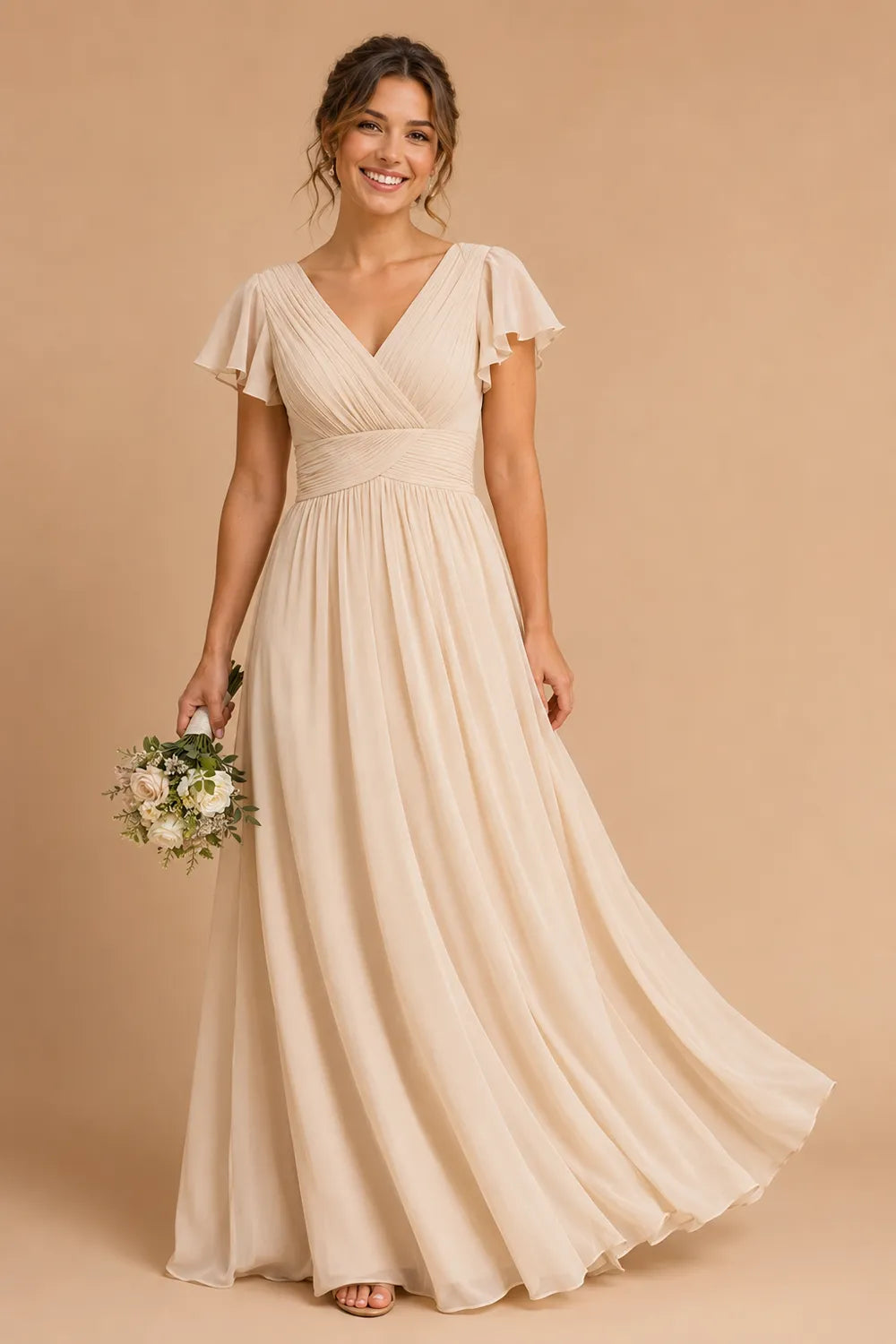 Liora Flutter Sleeve Maxi Formal Gown