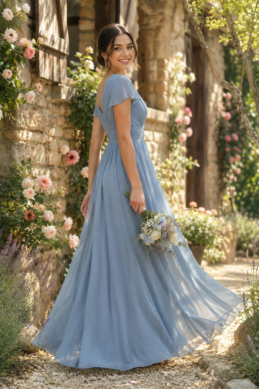 Liora Flutter Sleeve Maxi Formal Gown