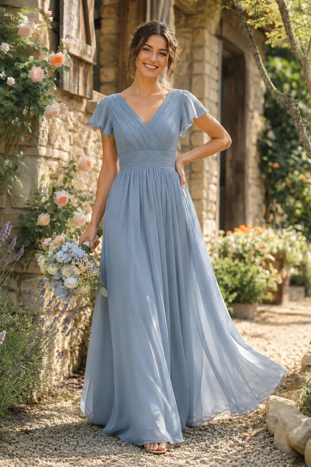 Liora Flutter Sleeve Maxi Formal Gown