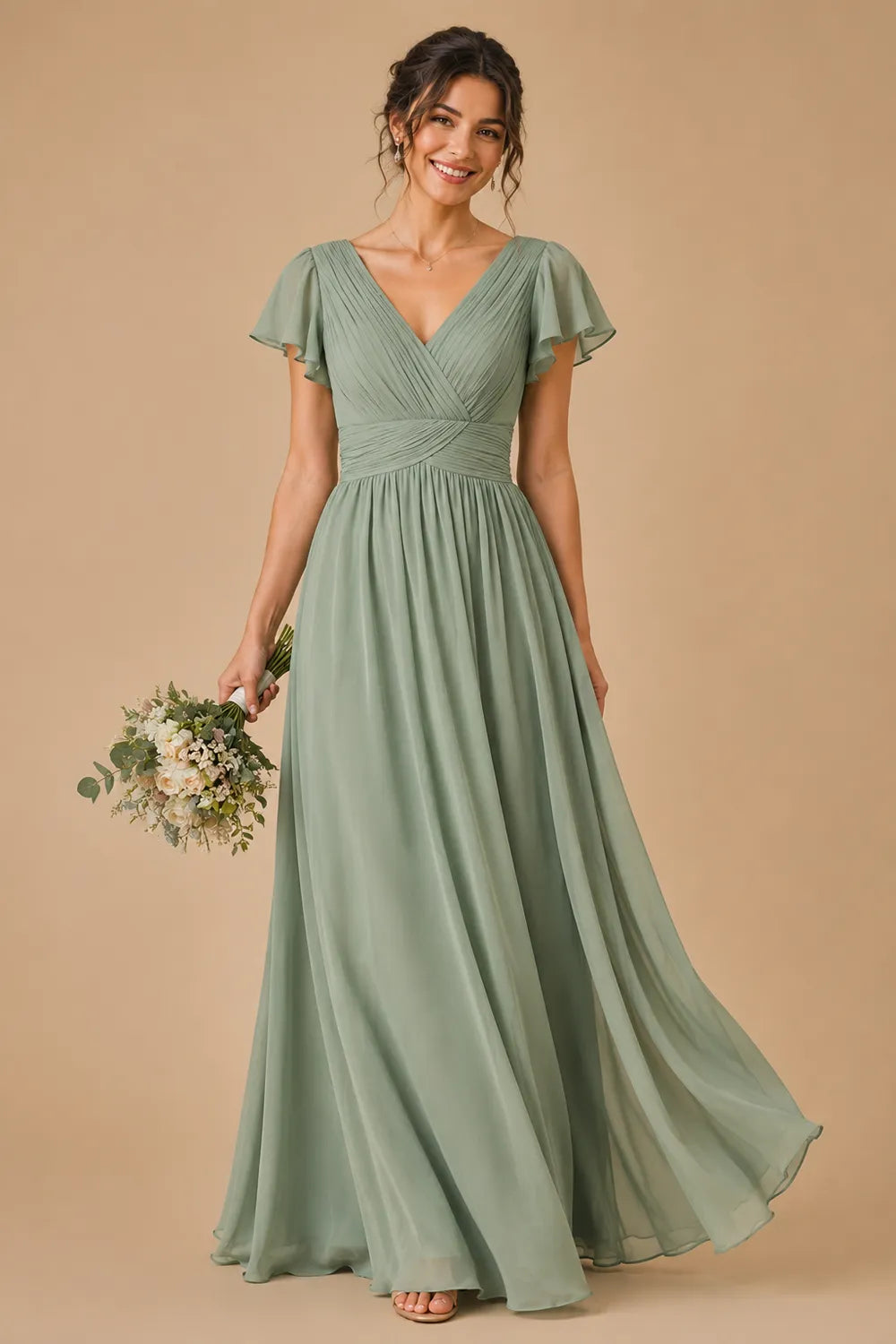 Liora Flutter Sleeve Maxi Formal Gown