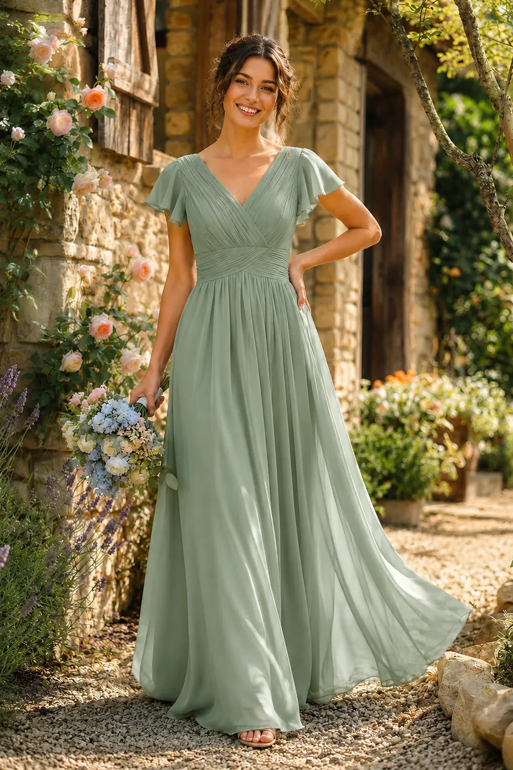 Liora Flutter Sleeve Maxi Formal Gown
