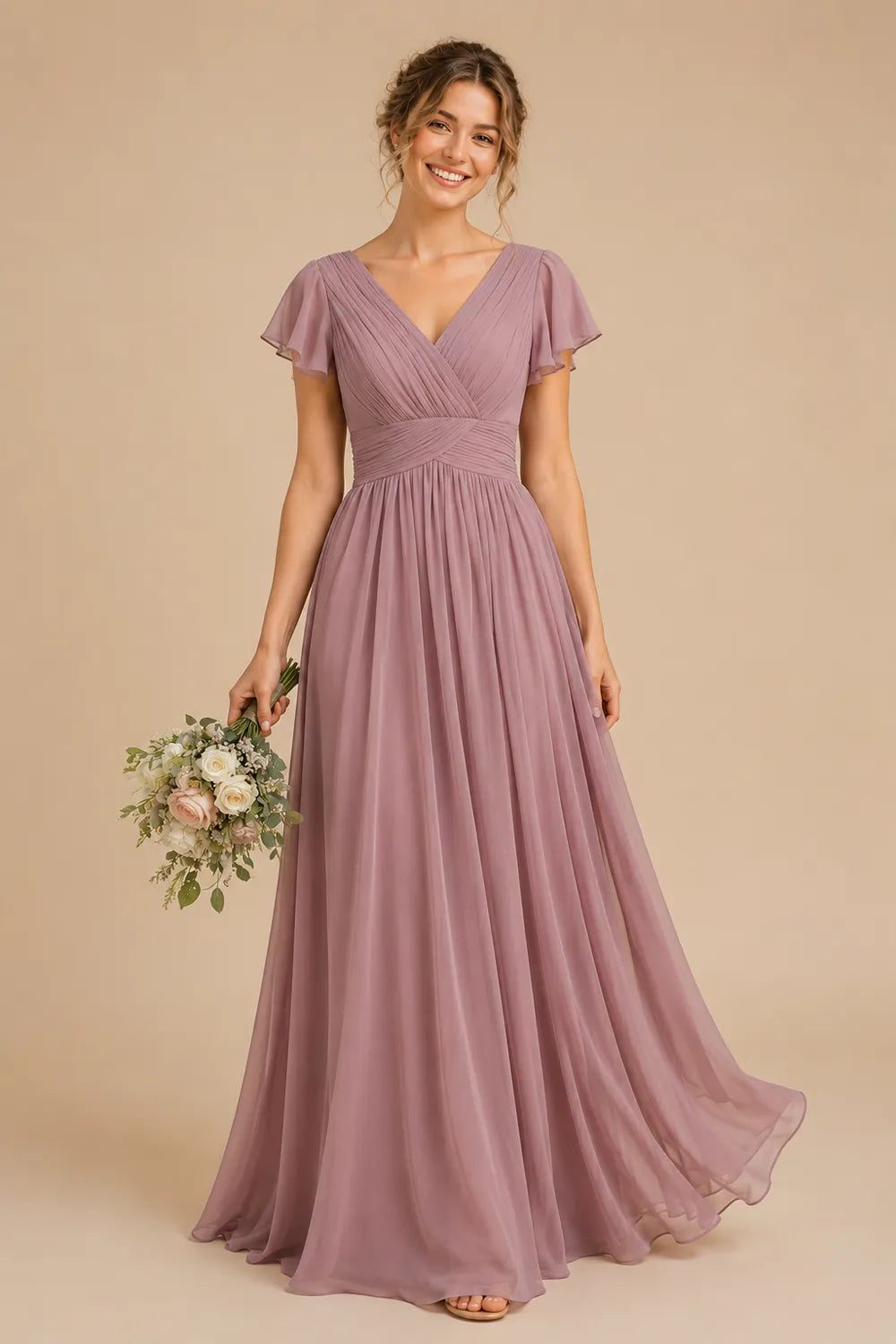 Liora Flutter Sleeve Maxi Formal Gown
