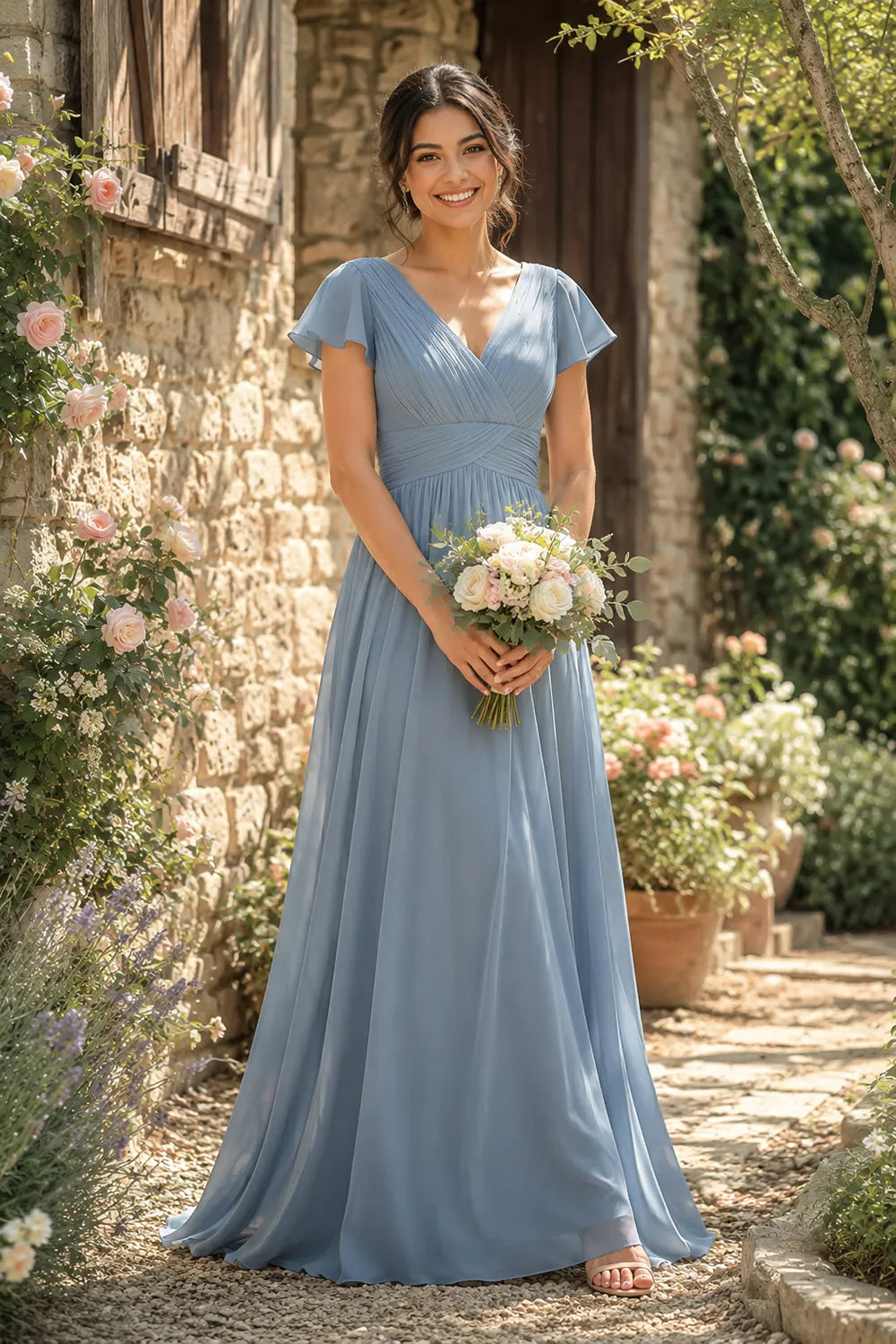 Liora Flutter Sleeve Maxi Formal Gown
