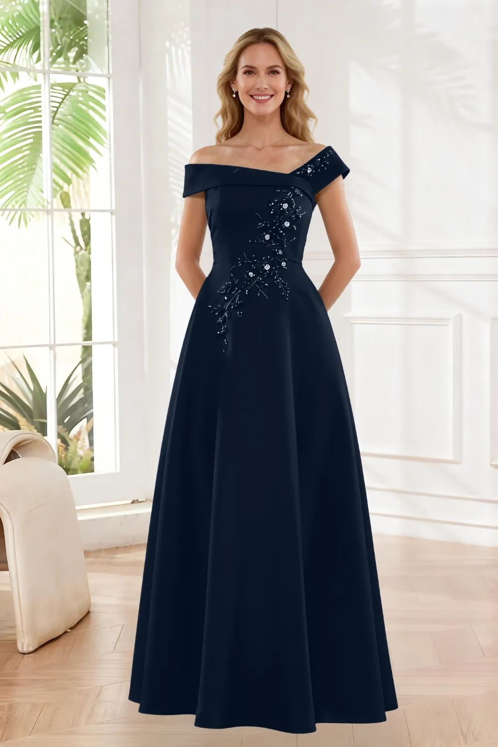 Timeless Off Shoulder Satin Evening Dress
