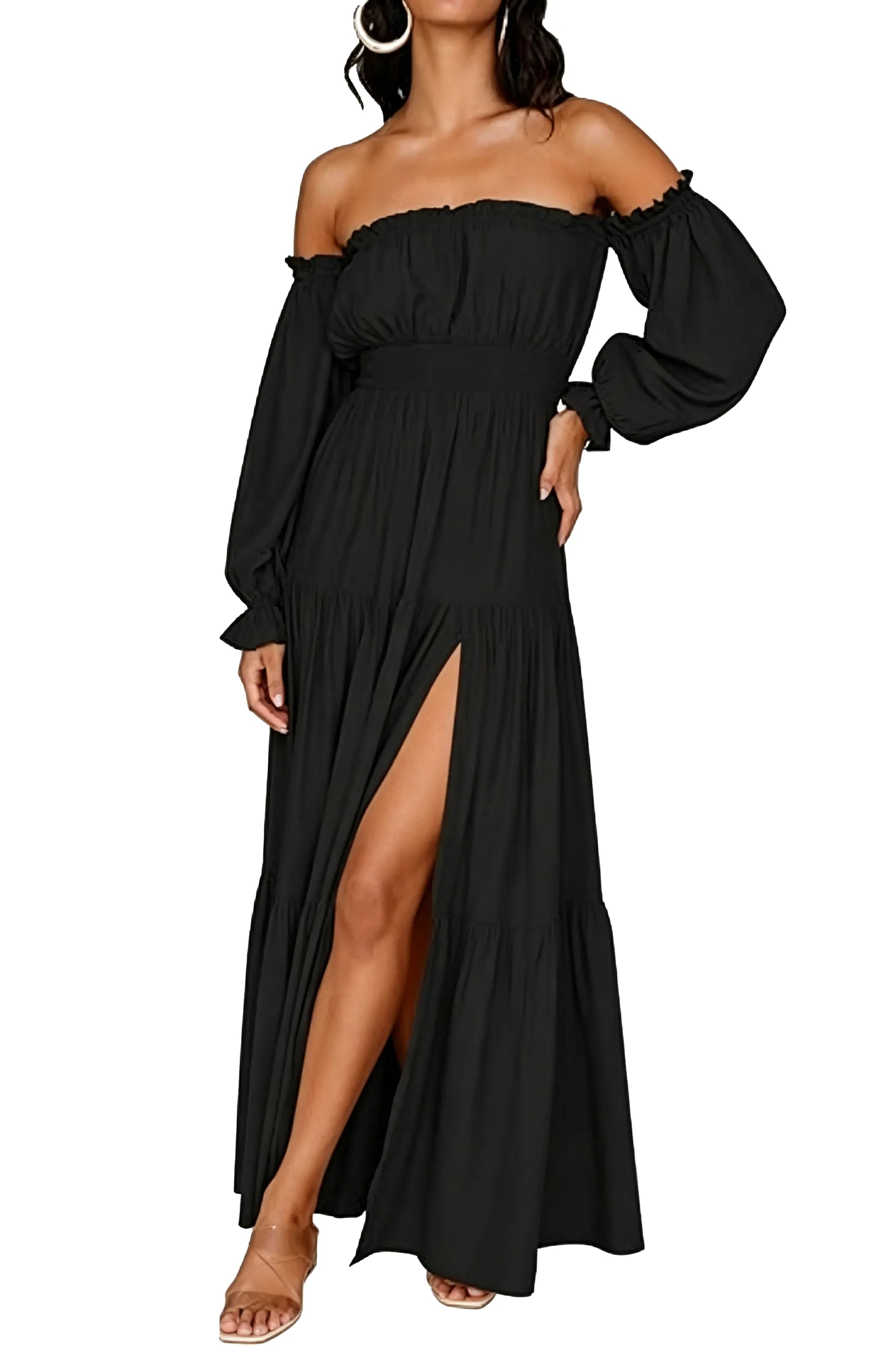 Off-Shoulder Smocked Waist Slit Maxi Dress