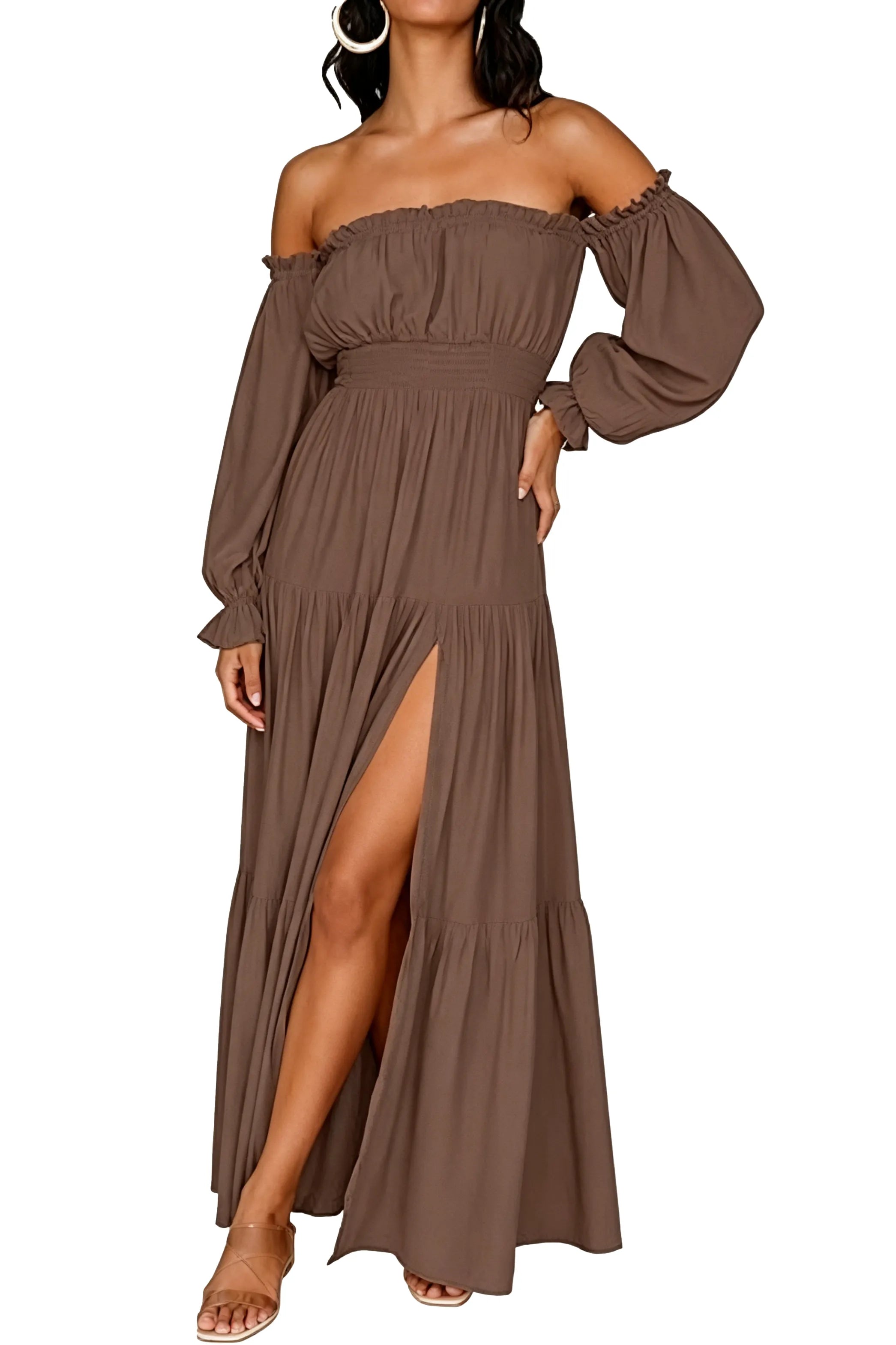 Off-Shoulder Smocked Waist Slit Maxi Dress