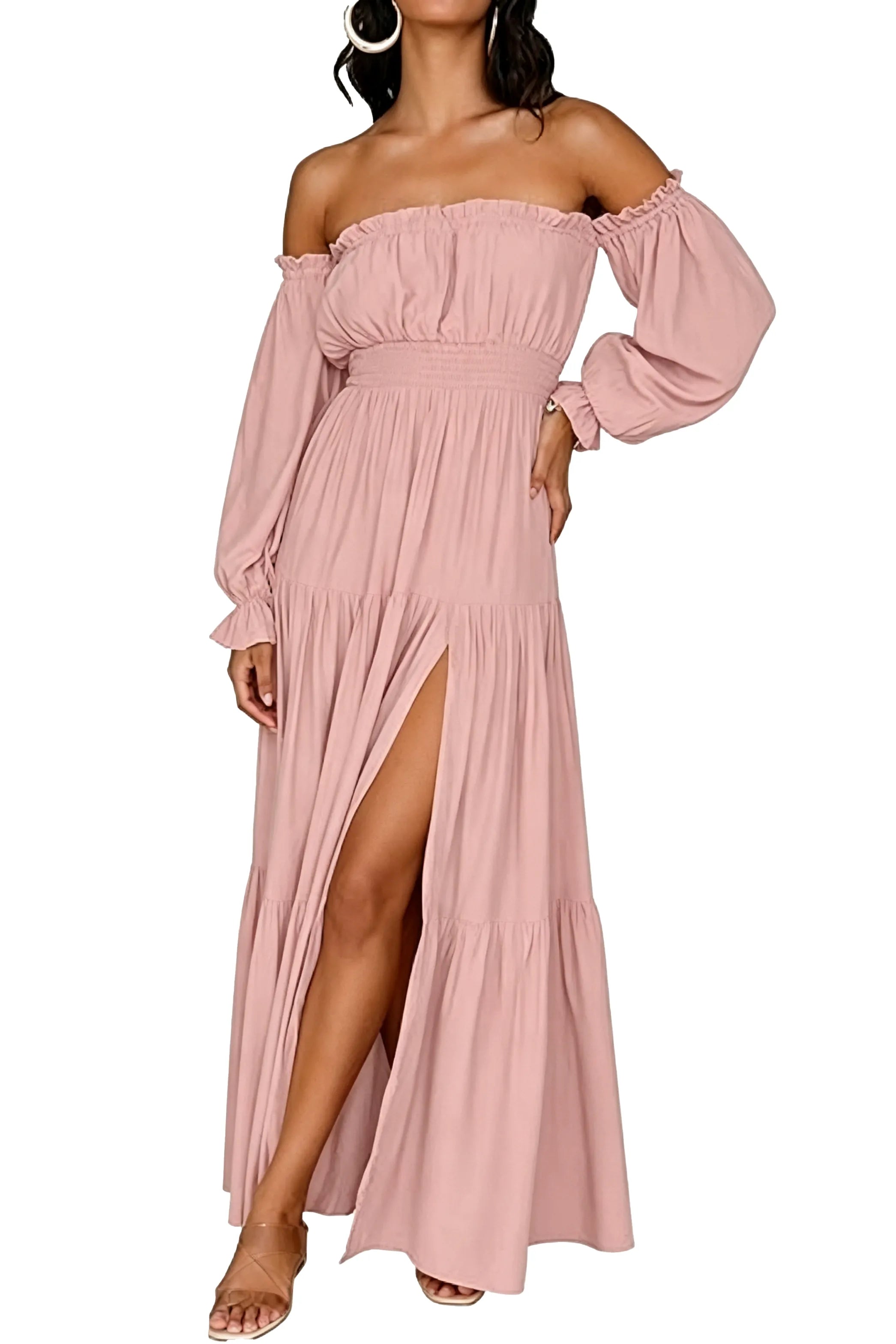 Off-Shoulder Smocked Waist Slit Maxi Dress