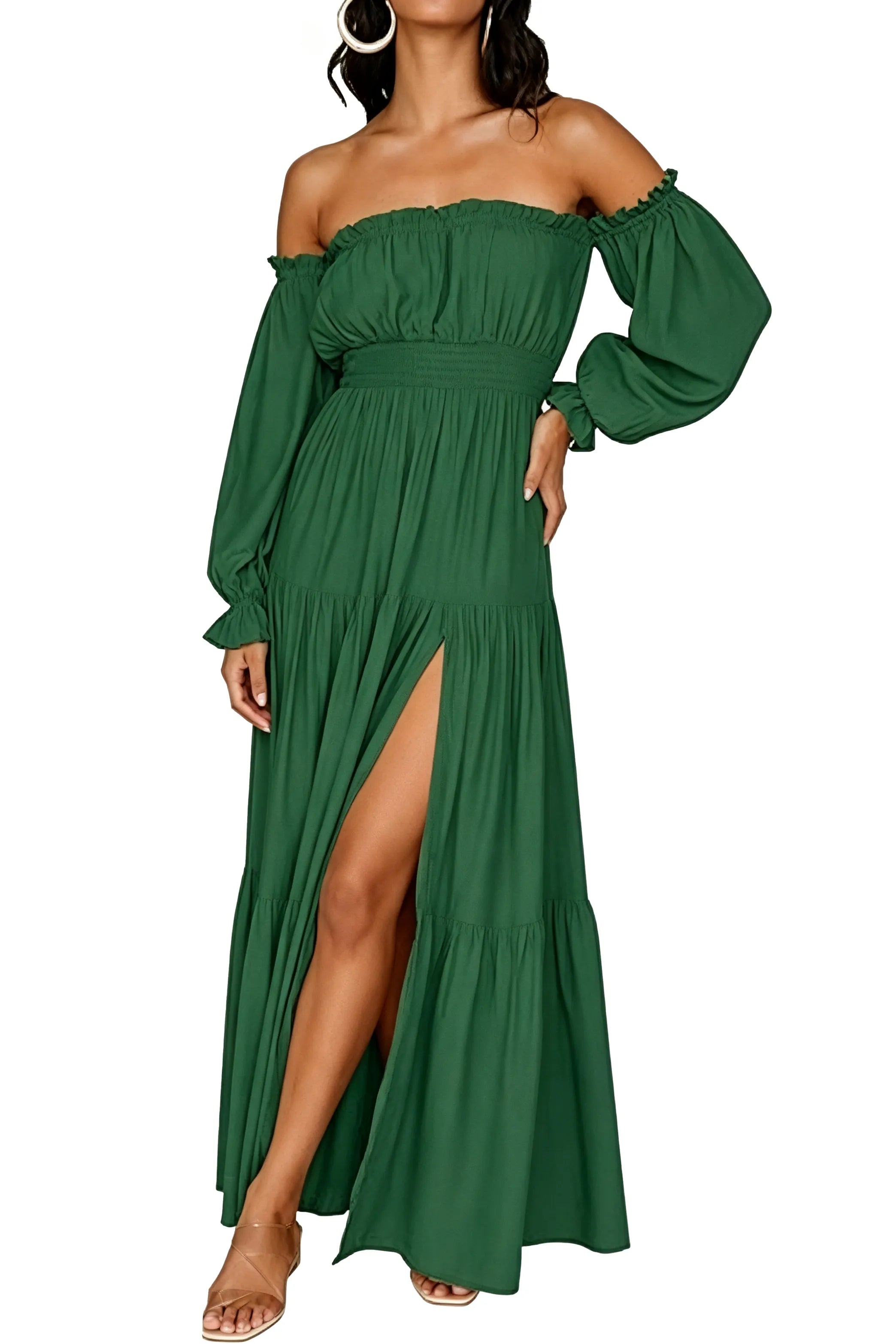 Off-Shoulder Smocked Waist Slit Maxi Dress