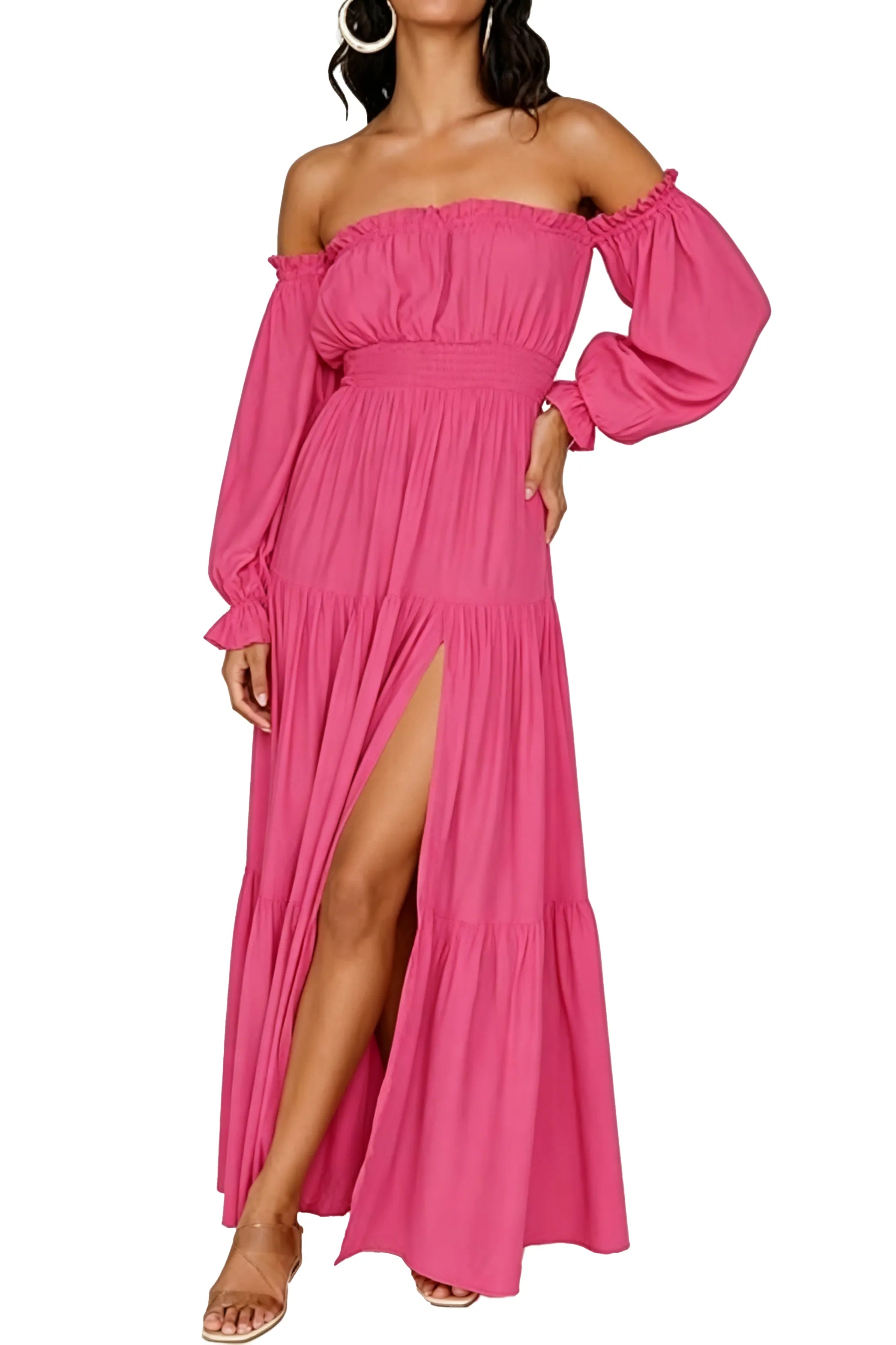 Off-Shoulder Smocked Waist Slit Maxi Dress