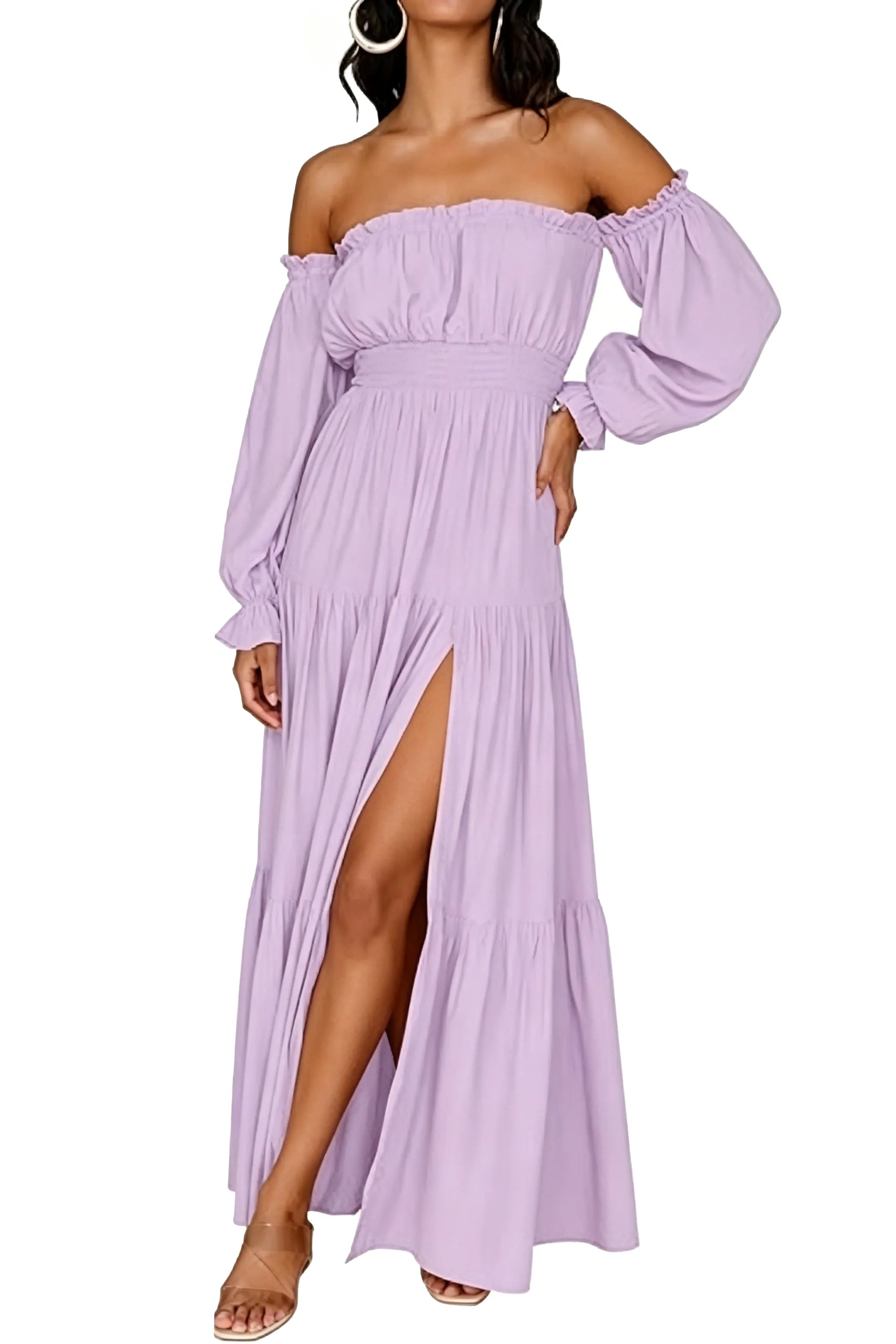 Off-Shoulder Smocked Waist Slit Maxi Dress