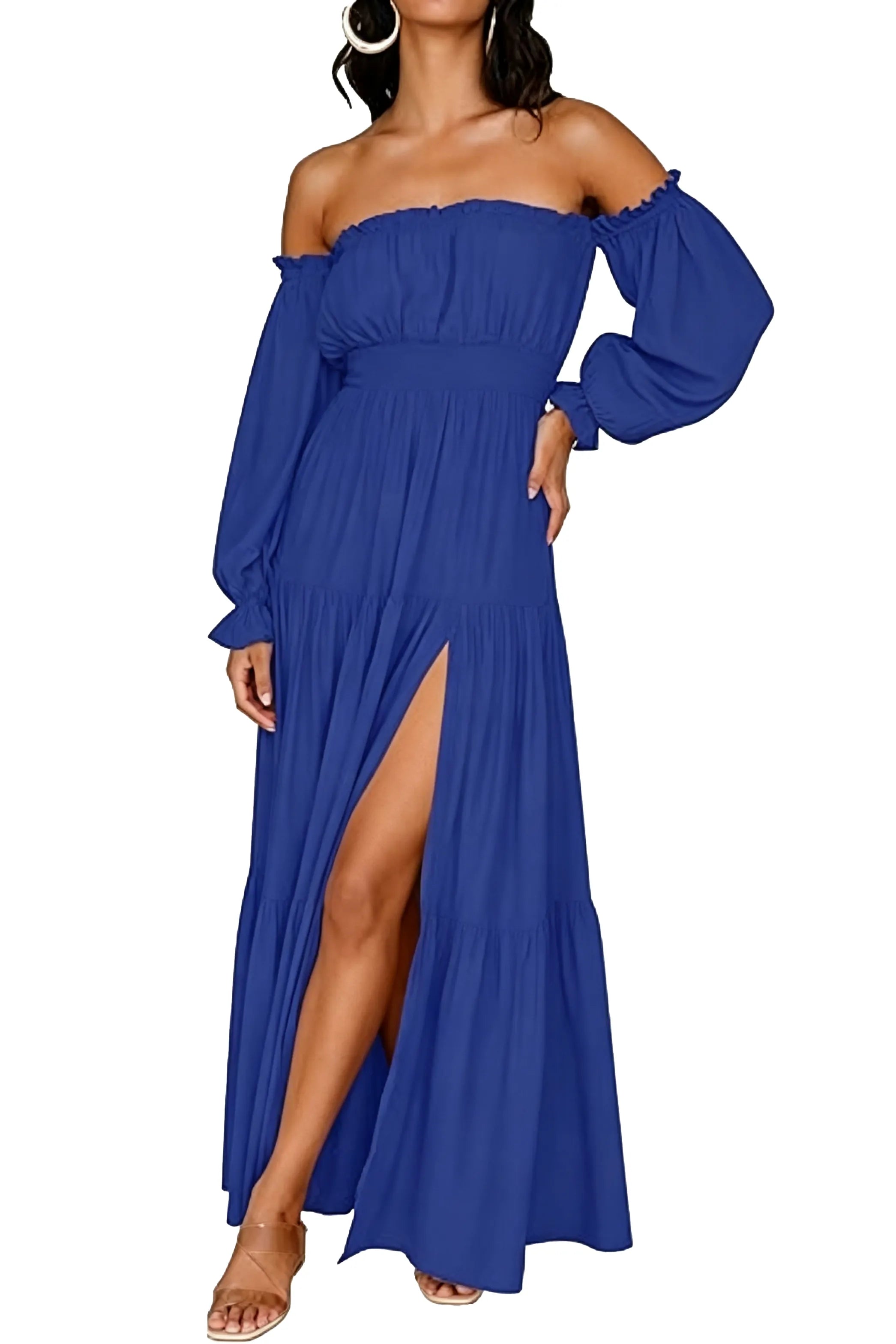Off-Shoulder Smocked Waist Slit Maxi Dress