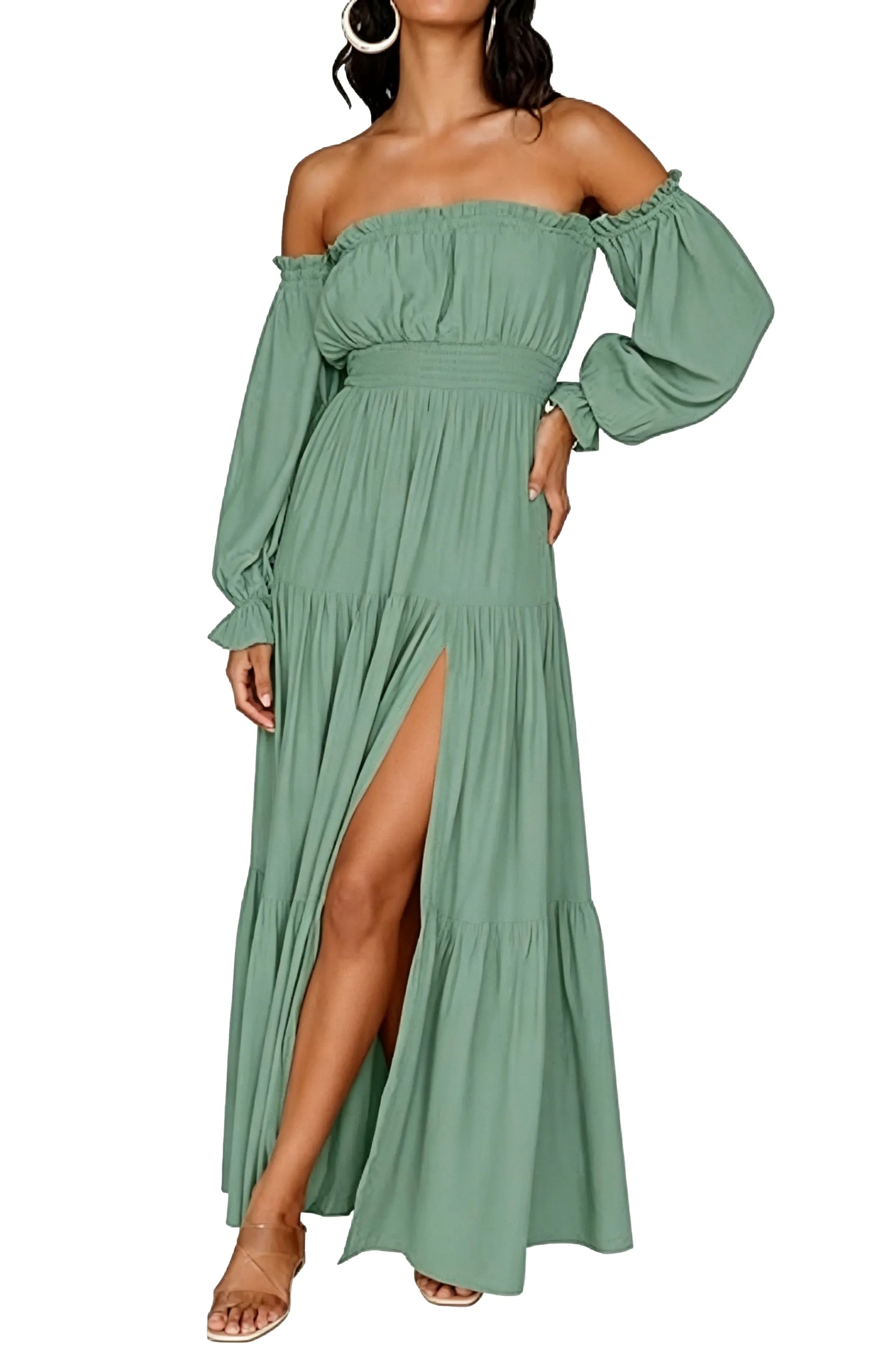 Off-Shoulder Smocked Waist Slit Maxi Dress