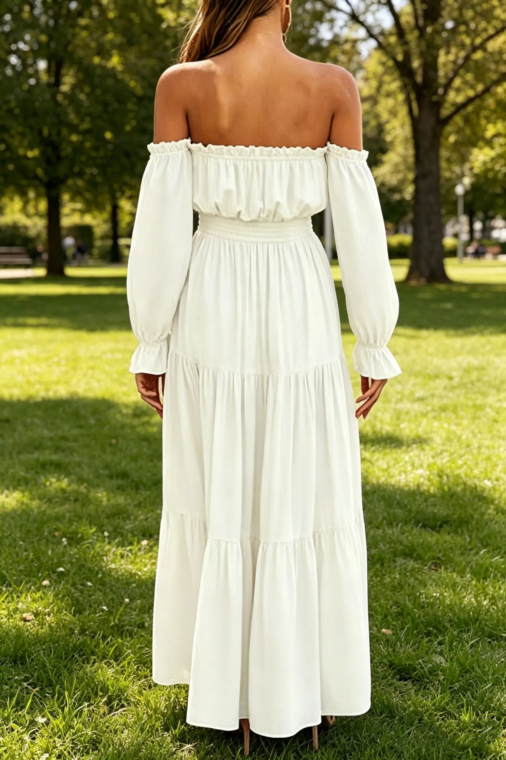 Off-Shoulder Smocked Waist Slit Maxi Dress