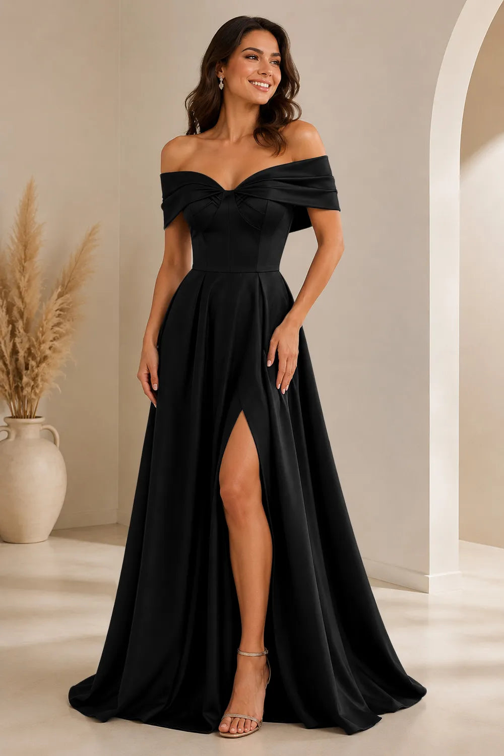 Elegant Off Shoulder Satin Formal Evening Dress