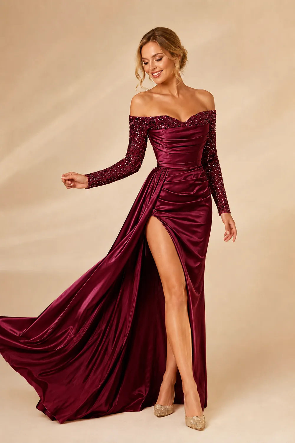 Evangeline Sequin Sleeve Satin Mermaid Gown