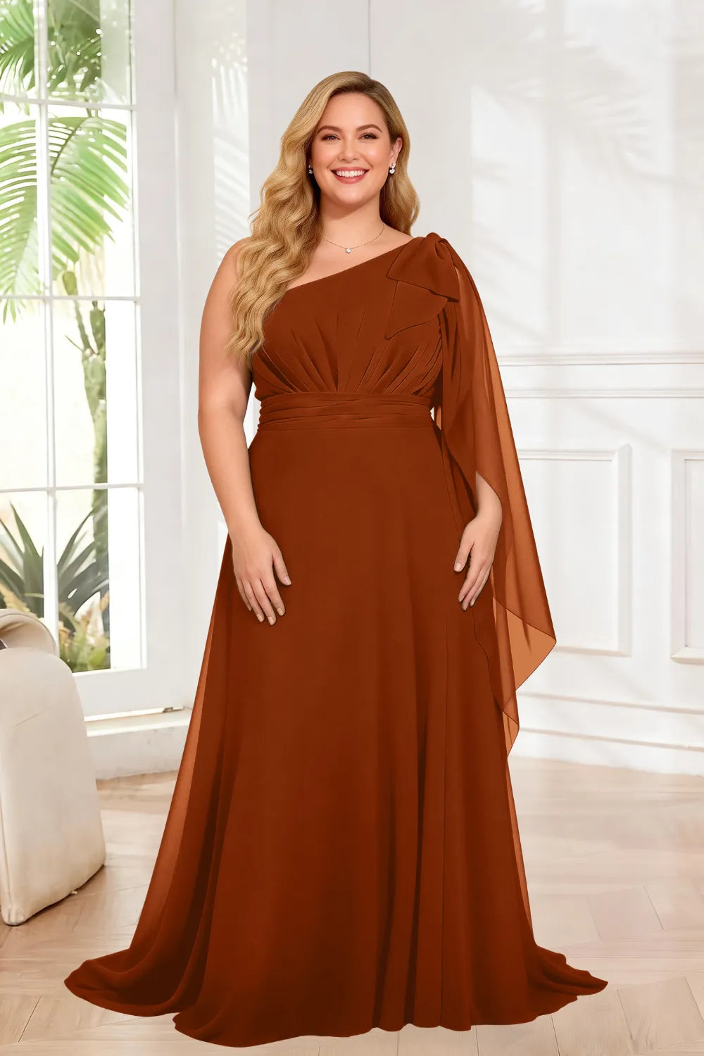 One Shoulder Ruched Waist Cape Sleeve A-Line Maxi Dress