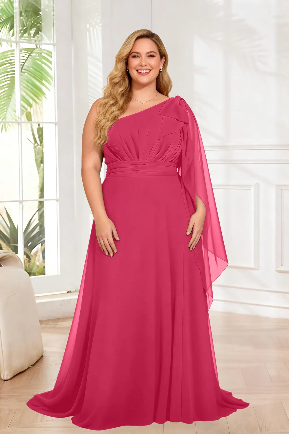 One Shoulder Ruched Waist Cape Sleeve A-Line Maxi Dress